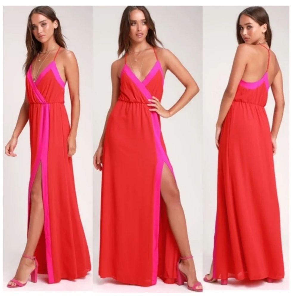 Lulu’s Bright Side Coral Res Color Block Maxi Dress.  Size Small